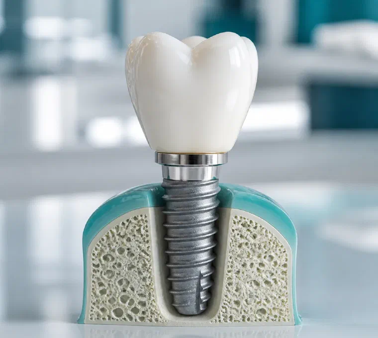 A model showing a dental implant supported within jawbone
