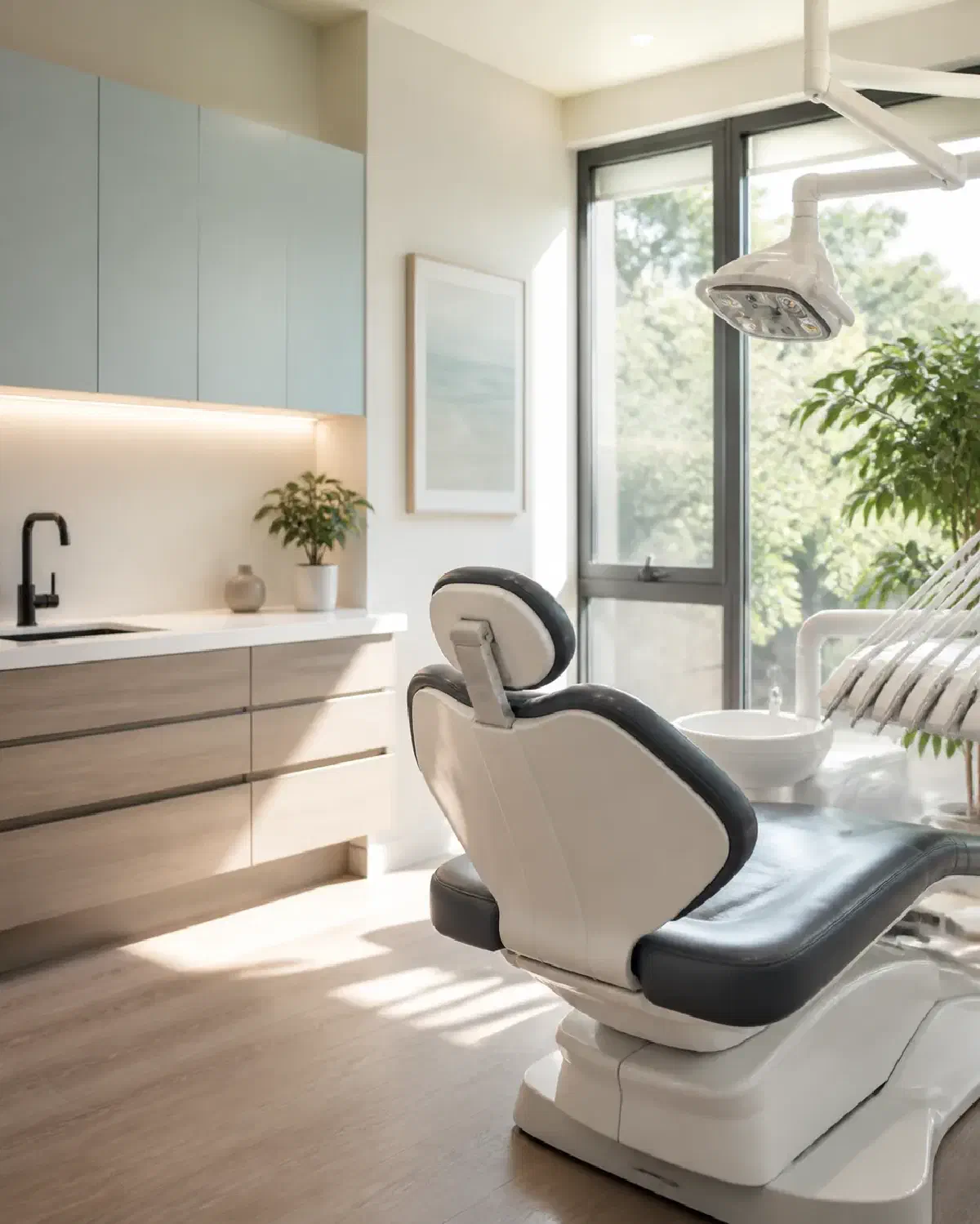 A bright modern dental treatment room with natural light