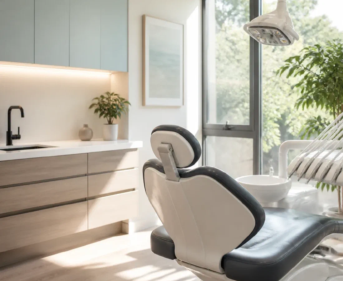A spacious modern dental treatment room with large windows