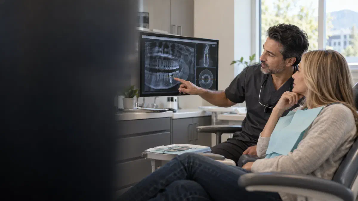 A dentist discussing a dental implant scan with a patient during a failure assessment