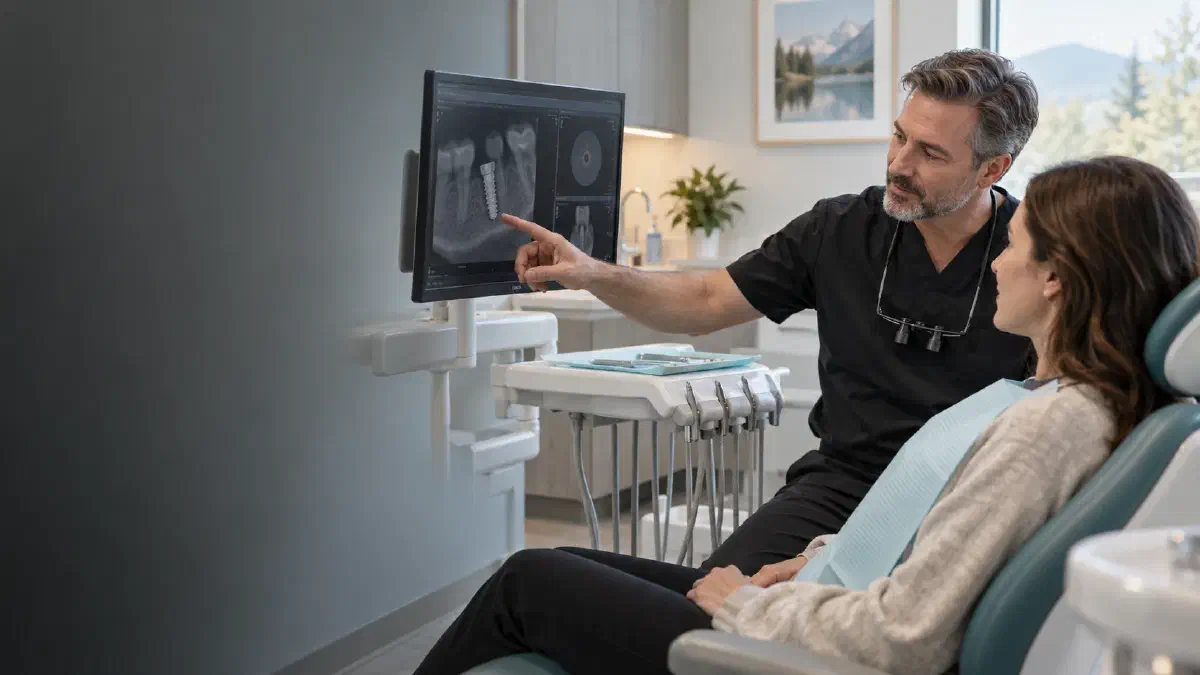 A dentist reviewing a dental implant image with a patient during a consultation