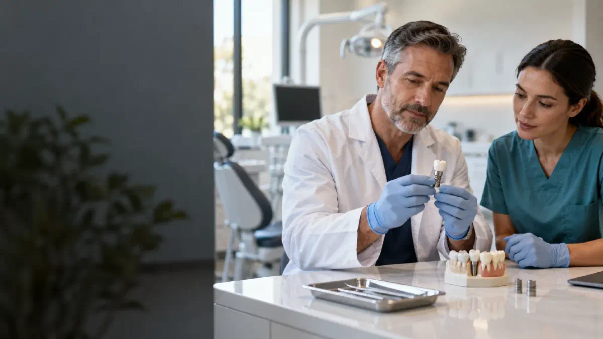 Dental professionals inspecting an implant crown and model before repair