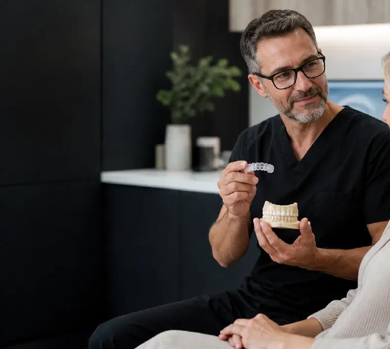 A dentist showing a custom nightguard to a patient