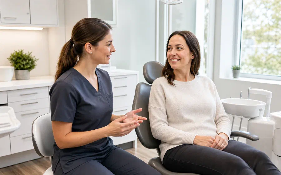 A dentist having a friendly consultation with a patient in a bright dental clinic