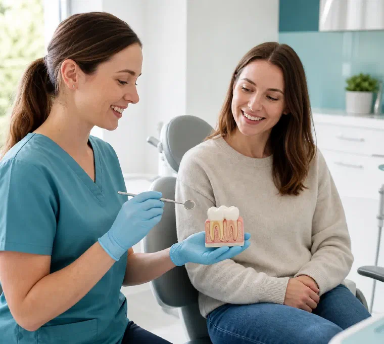 A dental professional explaining gum health to a patient with a tooth model