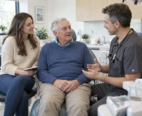 An older patient, his supporter, and a dentist talking together
