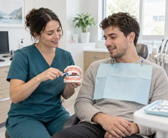 A hygienist demonstrating brushing on a dental model