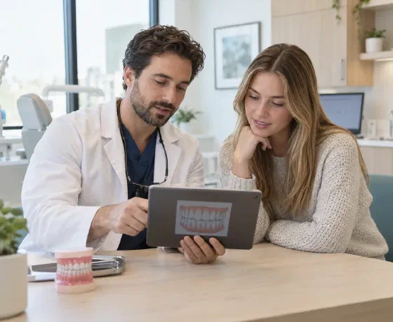 A dentist and patient reviewing a dental chart on a tablet