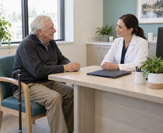 A patient with a walking cane discussing dental care before surgery