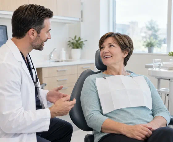 A patient seated comfortably while discussing mouth care with a dentist