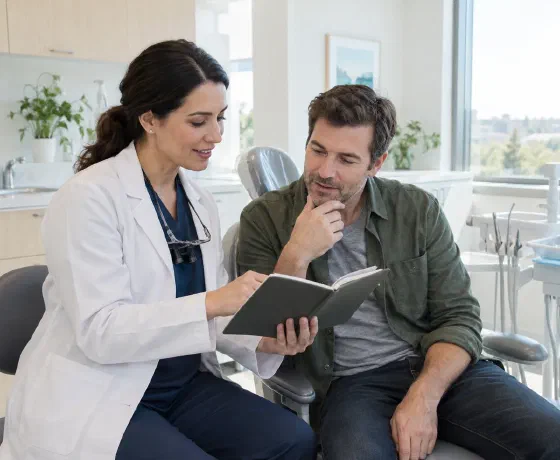 A patient and dentist reviewing a personal health notebook