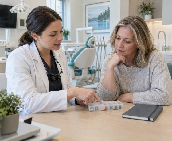 A dentist and patient reviewing a medication organizer and notebook