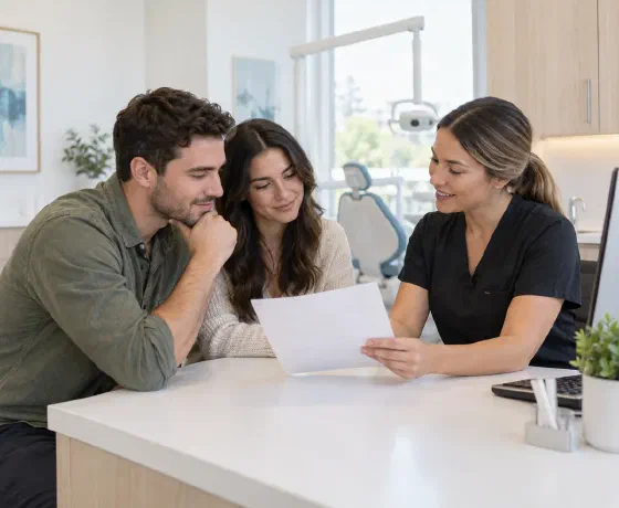 A couple discussing a treatment estimate with a clinic coordinator