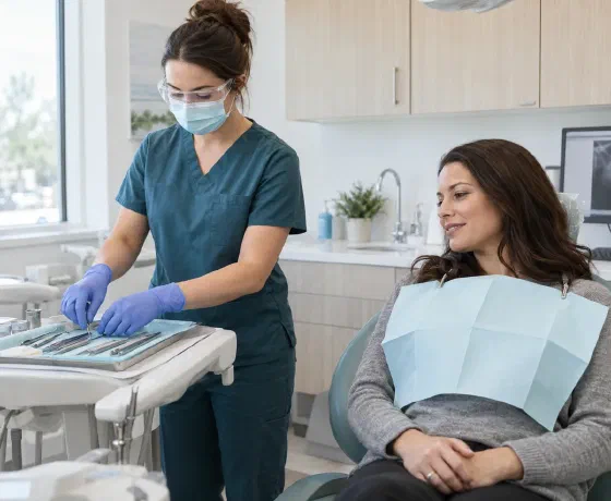 A hygienist preparing instruments beside a seated patient