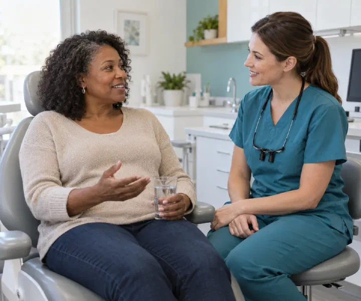 A patient holding water during a conversation with a dentist about mouth comfort