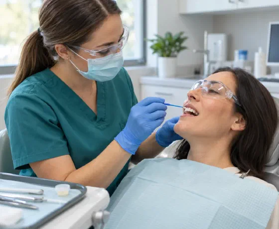 A dental hygienist applying fluoride varnish to a patient's teeth