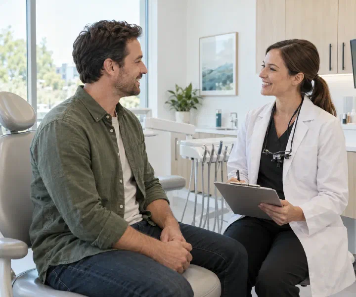 A new patient talking with a dentist beside a dental chair