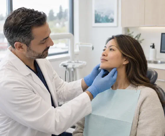 A dentist gently examining beneath a patient’s jaw