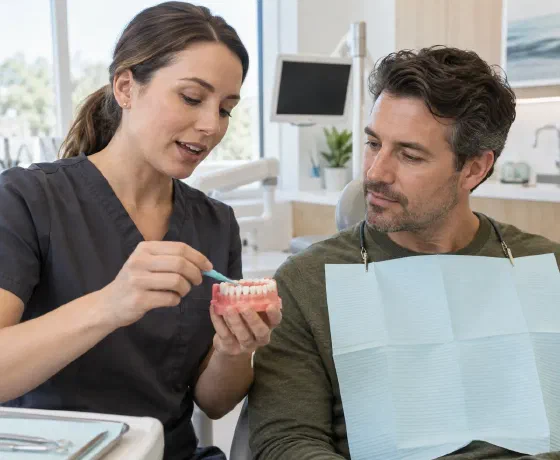 A hygienist demonstrating interdental cleaning on a dental model