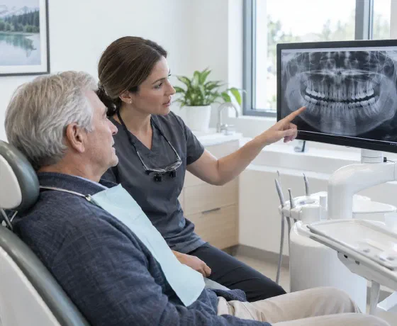 A clinician and patient reviewing a panoramic image of both jaws