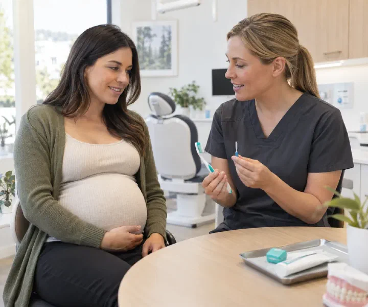 A pregnant patient discussing brushing tools with a hygienist