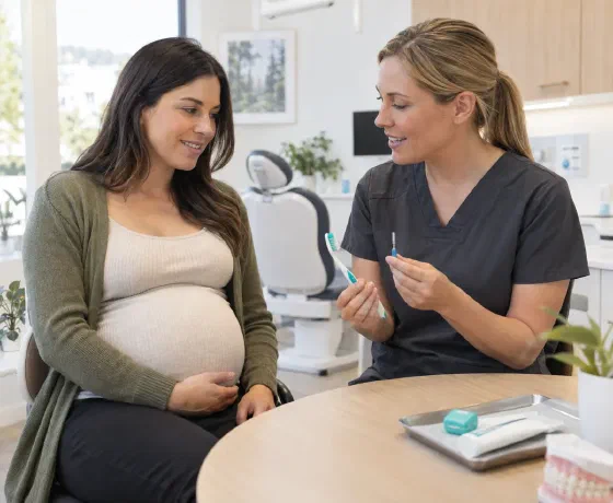 A pregnant patient discussing brushing tools with a hygienist