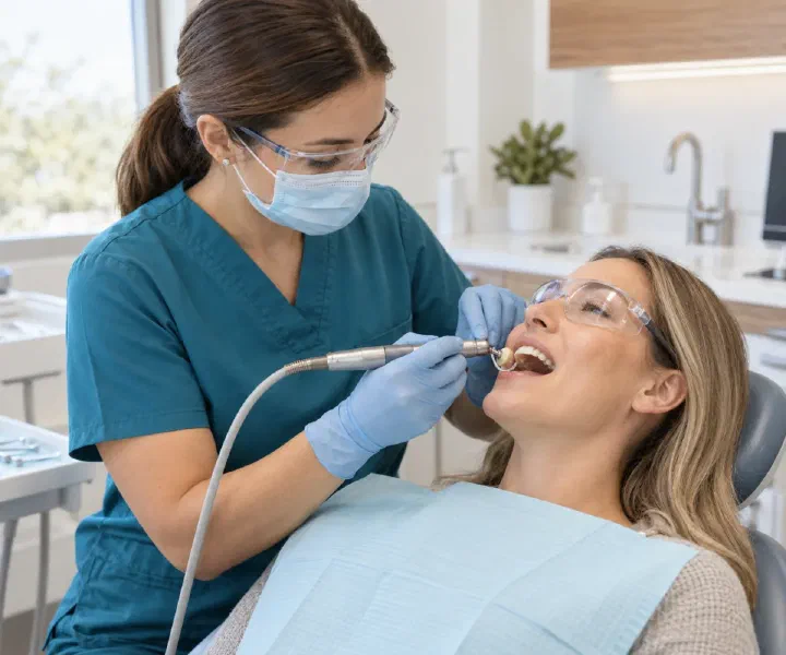 A dental hygienist providing polishing care to an adult patient
