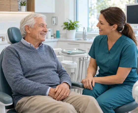 An older adult having a conversation with a dentist